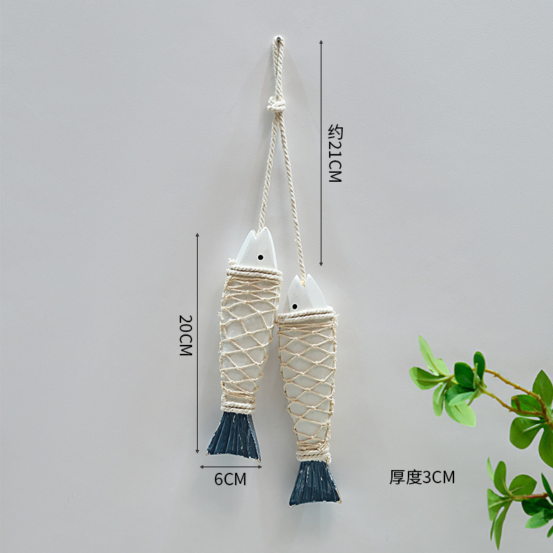 地中海创意复古做旧壁挂饰品乡村年年有鱼木质仿古雕刻小鱼串大号|undefined