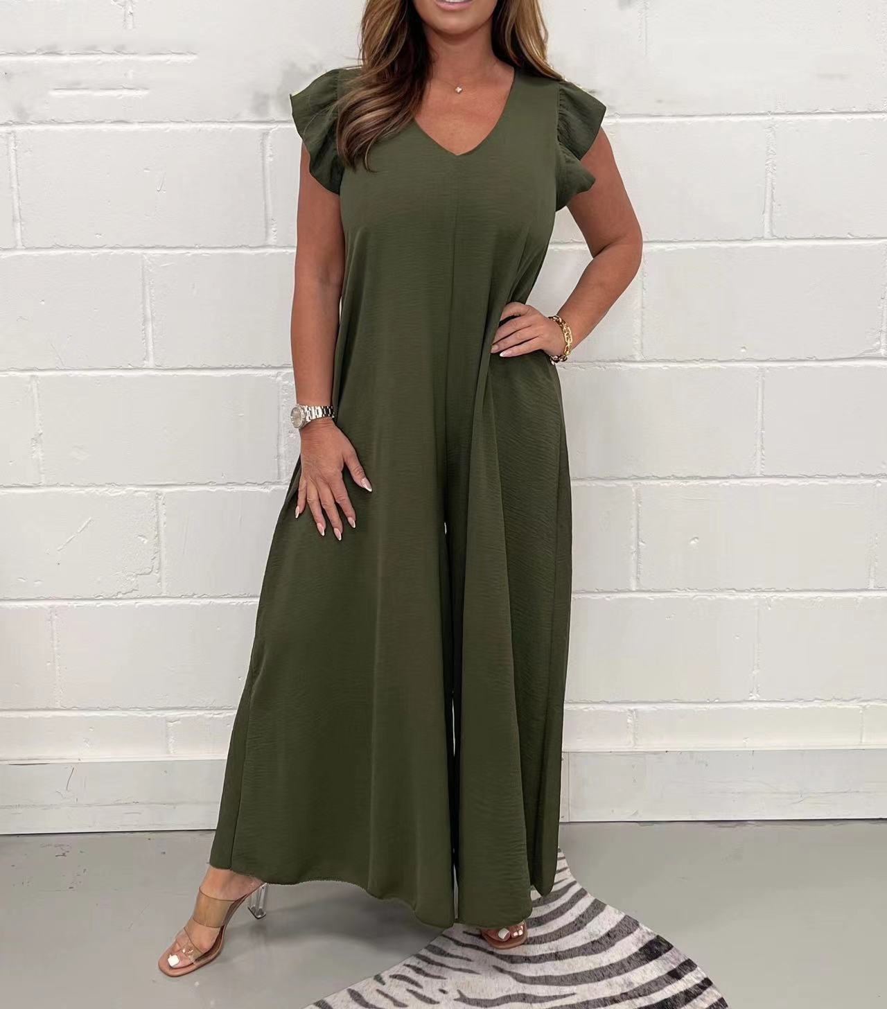 2023 verano nuevo Amazon Europa y América de las mujeres sueltas pantalones con volantes color sólido pierna ancha mono