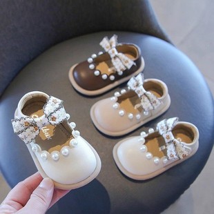 Girls' Princess Shoes 2025 Korean Style Spring and Autumn New Children's Pearl Small Leather Shoes Soft Sole Infants' Internet Celebrant Leather Shoes