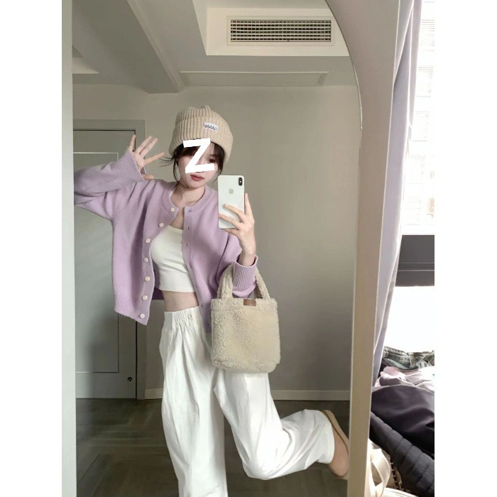 奶黄色短款软糯针织开衫女2025早秋季新款韩系小个子慵懒毛衣外套|undefined