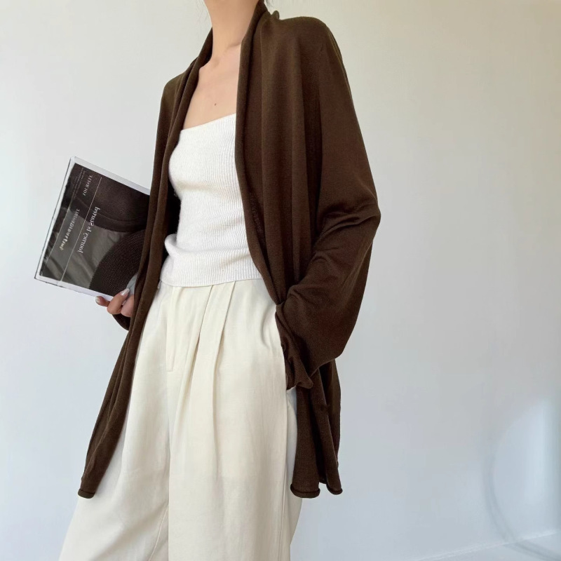 Early Autumn Minimalist Style Acetate Wool Patchwork Buttonless Knitted Cardigan with Scarf Collar, Elegant and Casual Outerwear Early Autumn Minimalist Style Acetate Wool Patchwork Buttonless Knitted Cardigan with Scarf Collar, Elegant and Casual Outerwear
