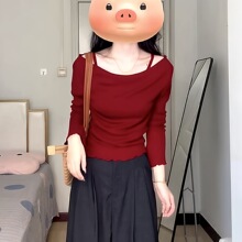红色一字肩假两件吊带上衣女早秋2025年新款巨好看内搭毛衣针织衫
