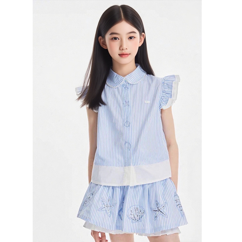 2025 Girls Ocean Short Sleeve Shirt Small Flying Sleeve Suit Summer New College Style Casual Pants and Skirt