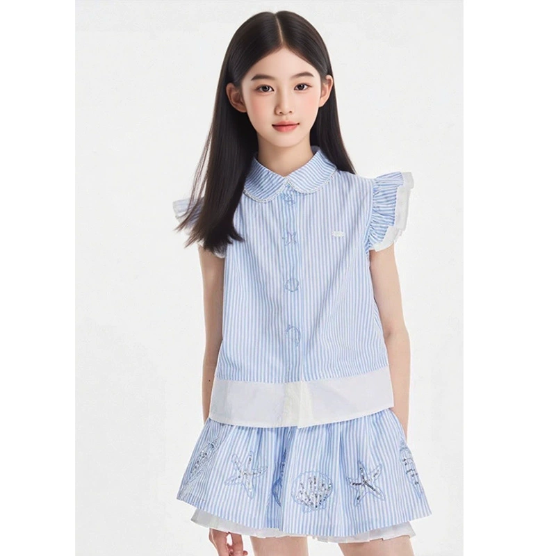 2025 Детская майка с коротким рукавом "Океан" Маленький летний костюм с летящими рукавами Новый стиль для колледжа Повседневные брюки и юбка
