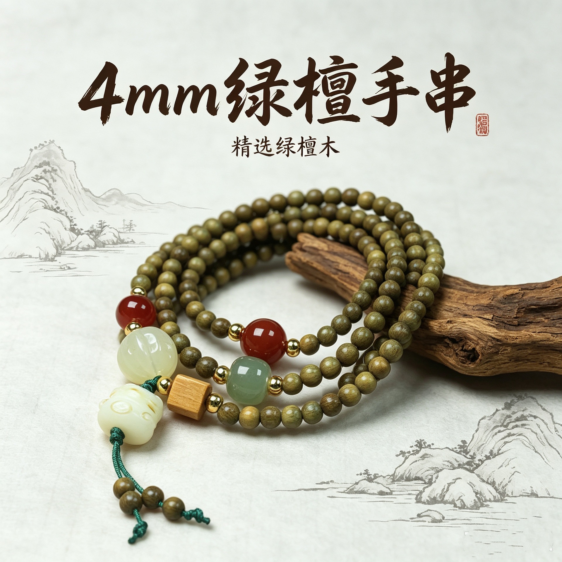 绿檀4mm多圈手链【带黄色南瓜珠+招财猫吊坠】 / 标准