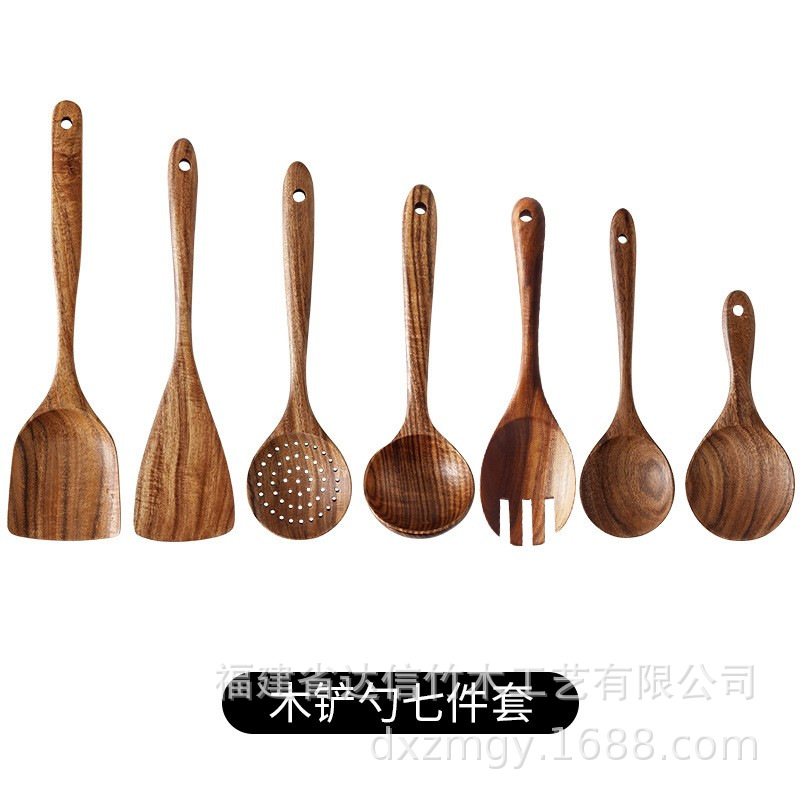 Juego de utensilios de cocina anti-quemaduras de cinco piezas, juego de nueve piezas, juego de espátulas de madera con mango largo, cuchara para remover integrada, utensilios de cocina para el hogar