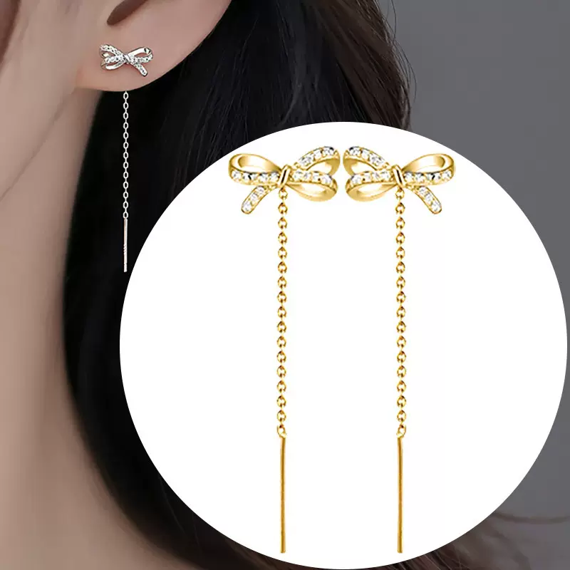 锆石蝴蝶结耳线纯银高级感流苏蝴蝶结耳饰满钻蝴蝶结耳链新款耳环