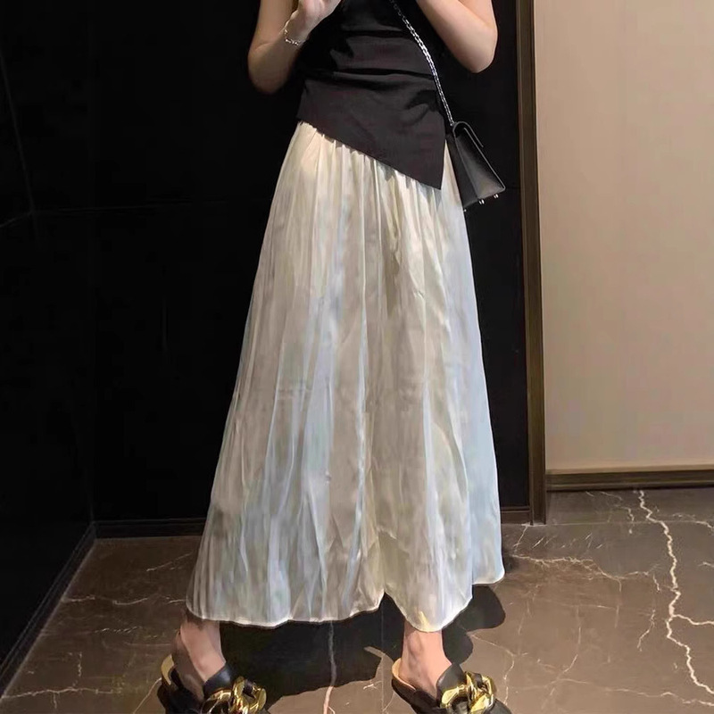 女性のための薄いアセテートプリーツスカート 2025 夏の新しいデザインシルキーウエスト痩身 A ラインロングスカート|undefined