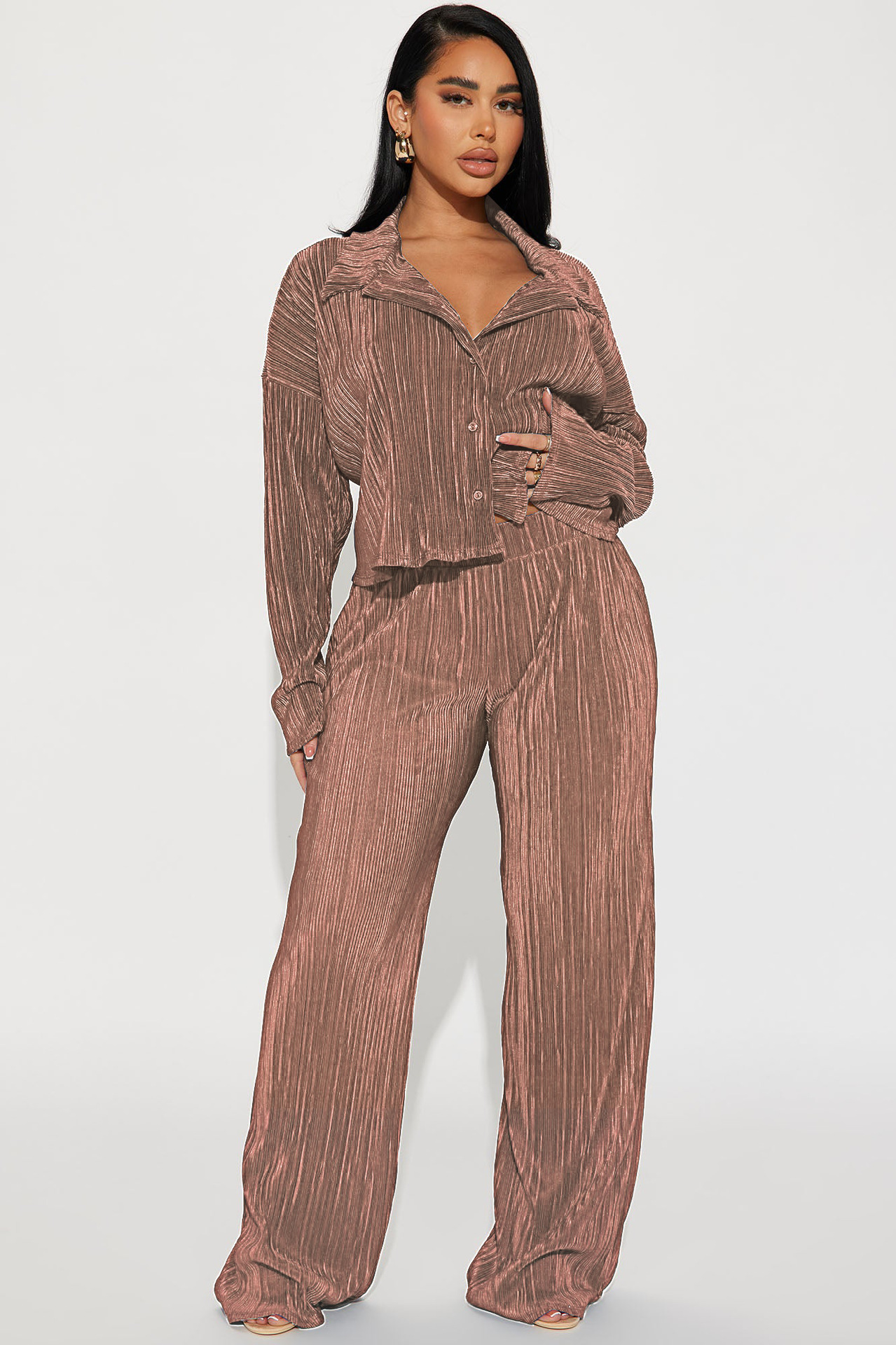 Women Clothing Autumn Winter Short Top Long Sleeve Pleated Sexy Casual sets