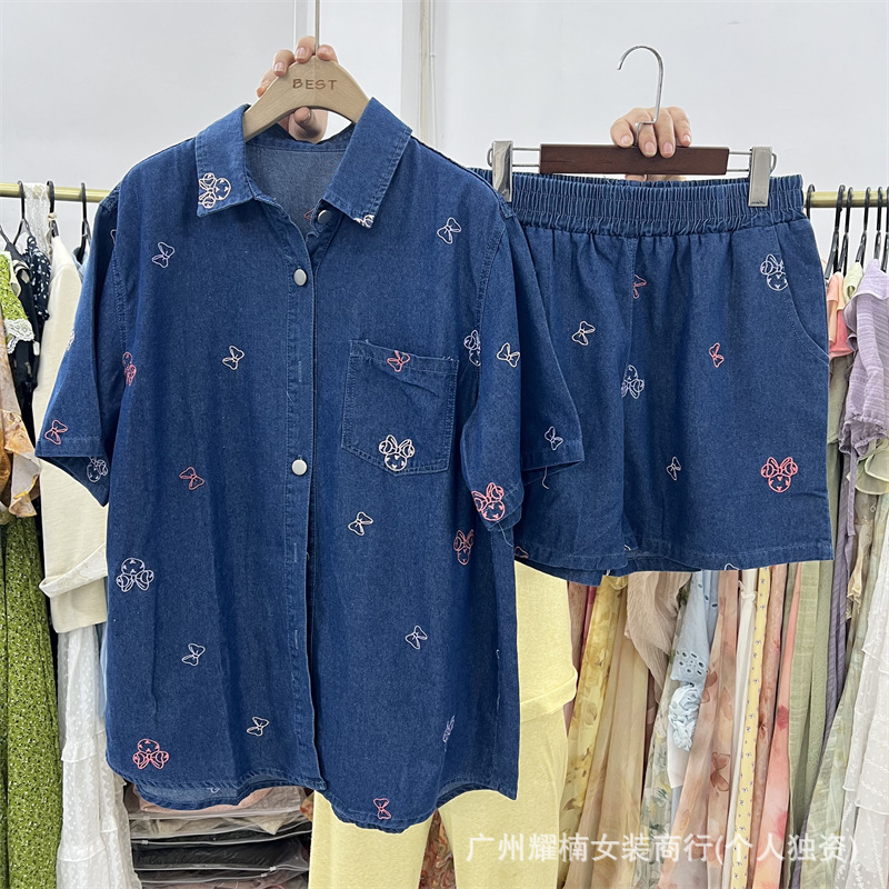 European Style Embroidered Loose Short-Sleeve Denim Shirt Top + Elastic Waist Wide-Leg Shorts Two-Piece Set for Summer European Style Embroidered Loose Short-Sleeve Denim Shirt Top + Elastic Waist Wide-Leg Shorts Two-Piece Set for Summer