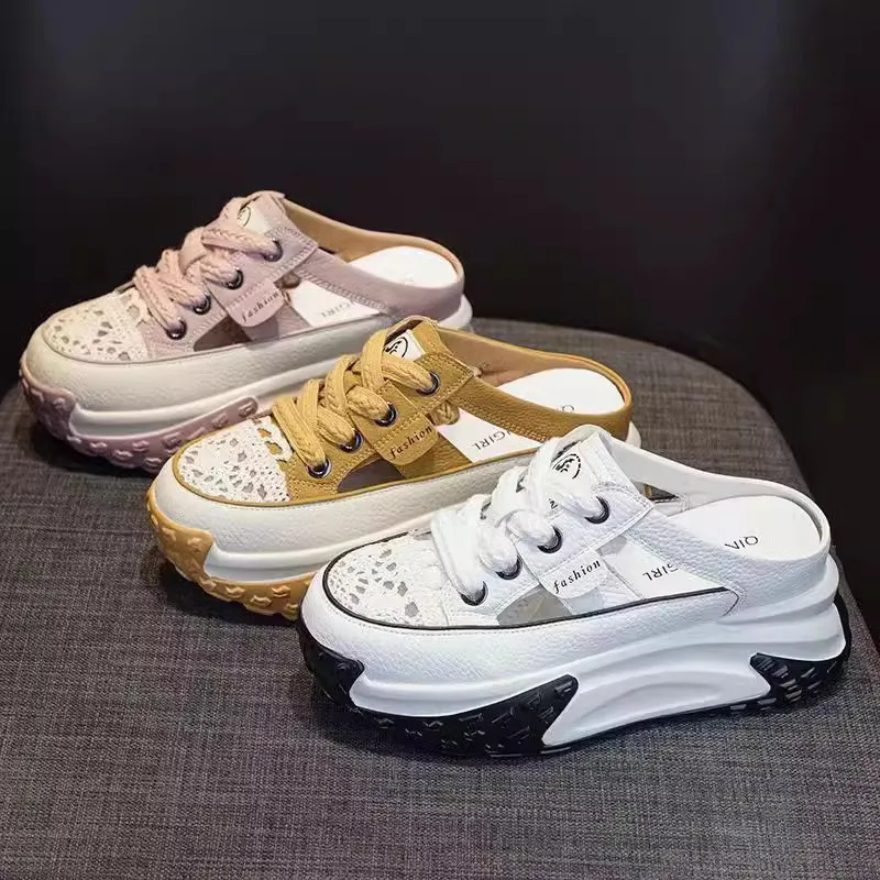 Baotou mitad zapatillas de verano para mujeres sandalias 2024 hueco nuevo tipo de explosión de suela gruesa aumentando la altura del agujero de los zapatos de papá