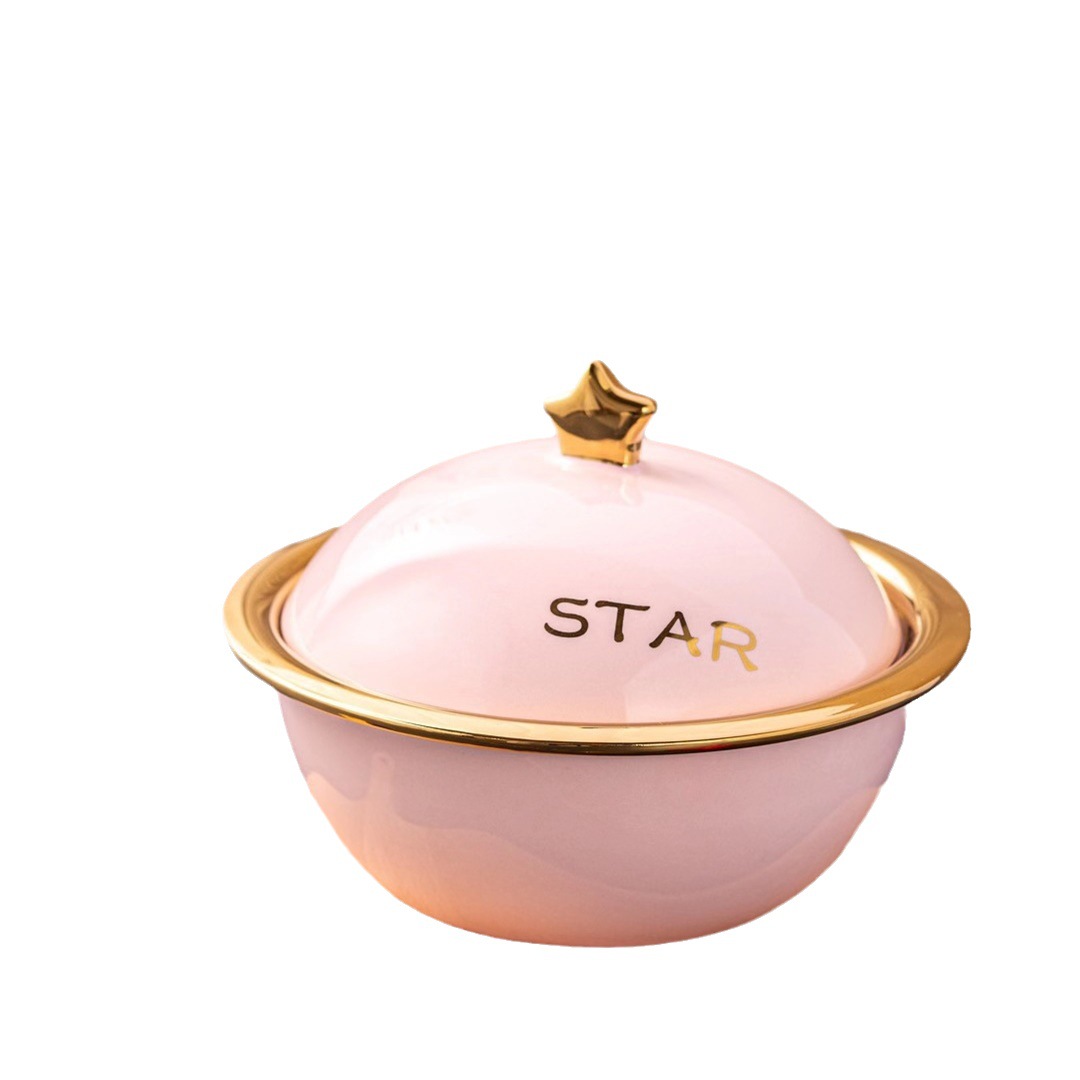 Cuenco de tallarines instantáneo de lujo ligero de aspecto alto simple creativo con tapa tazón de ensalada de forma de planeta dorado de cerámica con tazón de sopa de regalo de mano
