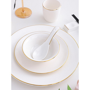 Three-Piece Set of Gold-Rimmed Ceramic Tableware, Hotel Restaurant Tableware, Bone Plate, Wing Bowl and Spoon, Four-Piece Set for Club Box
