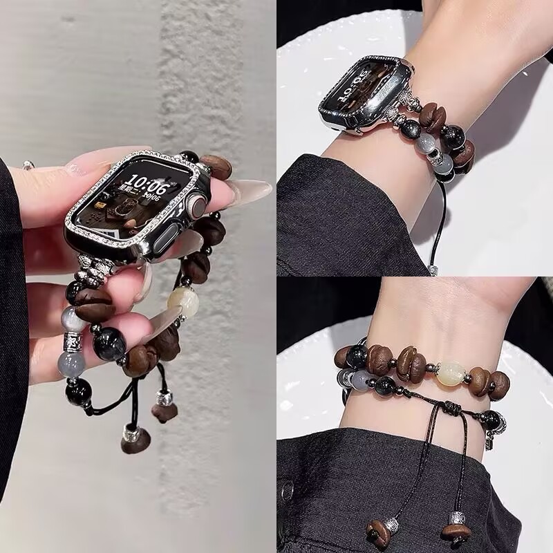 Suitable for Apple Watch Strap S10 New Coffee Bean iWatch S9 Double Row Beaded Drawstring Wristband