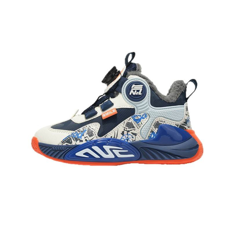 Zapatos de baloncesto antideslizantes al aire libre al por mayor con cuero de invierno de terciopelo, tendencia general, zapatos de botón de calentamiento para niños