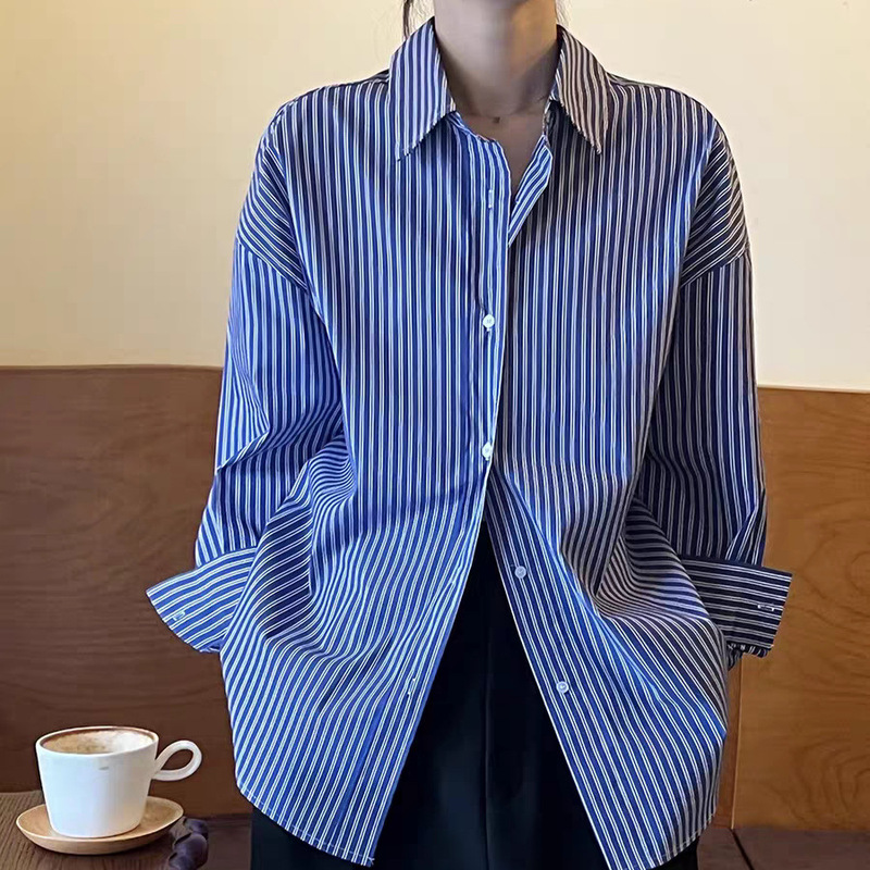 Korean Style Short Front Long Back Lazy Style Blue Vertical Striped Shirt for Women Loose Slimming Old Money Style Shirt Hong Kong Style Top Korean Style Short Front Long Back Lazy Style Blue Vertical Striped Shirt for Women Loose Slimming Old Money Style Shirt Hong Kong Style Top