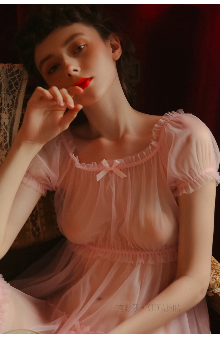Sheer Mesh Babydoll Nightdress with Matching Panty, Pink One Size — detail image 38