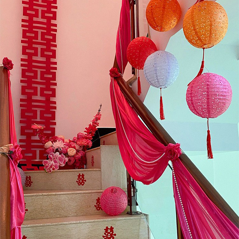 Suministros de boda, diseño de la sala de bodas, accesorios florales, gasa de fondo para techo, decoración de pasamanos de escalera de casa nueva, gasa de belleza