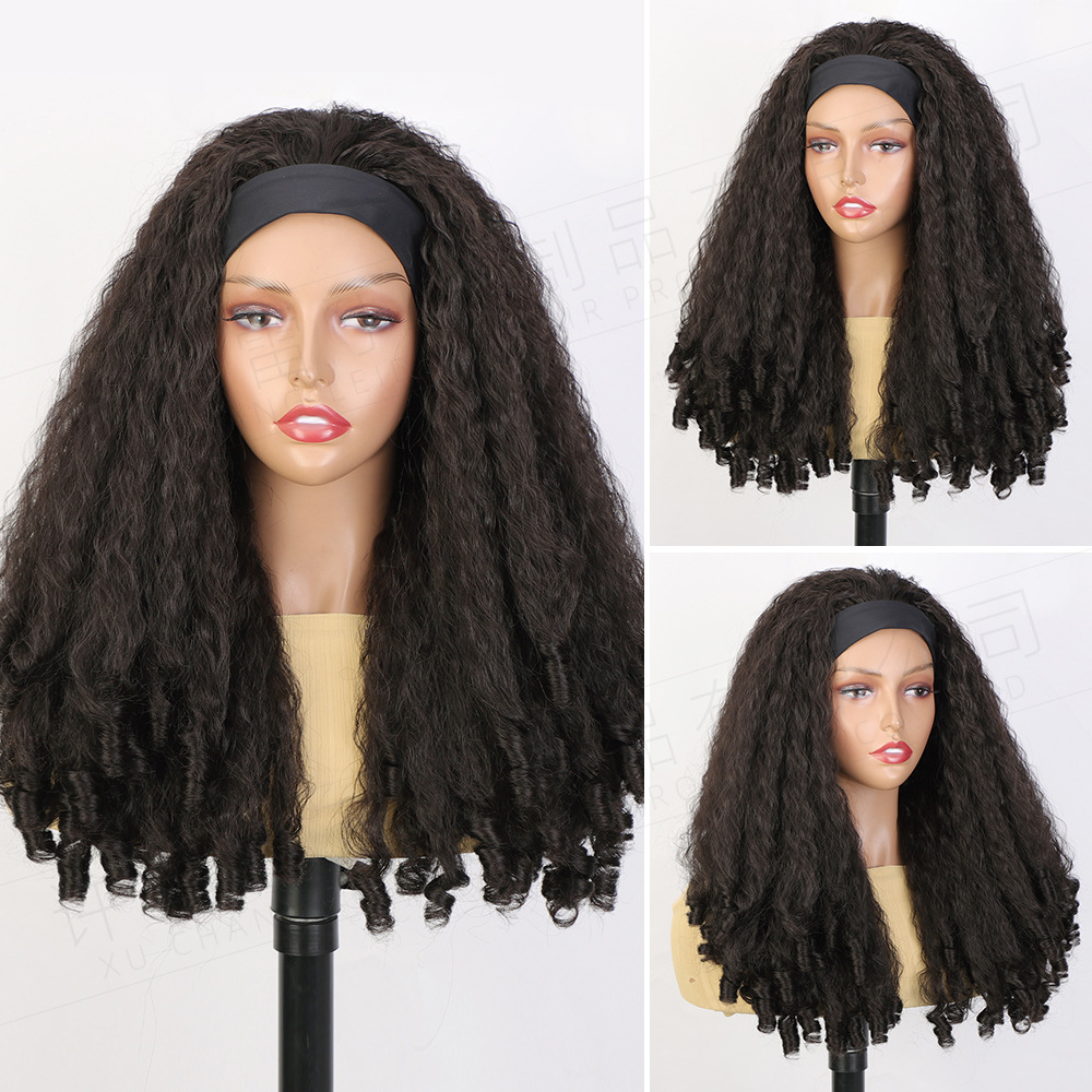 Foreign Trade European and American Women's Headscarf Wig Yaki Ice Silk Hairband Screw Curly Long Curly Hair Headband Headband Wig