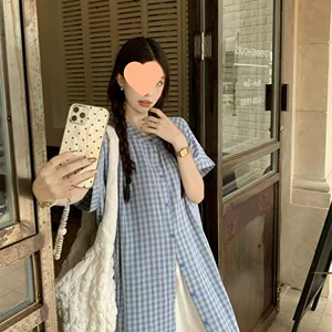 格纹长款设计感度假风短袖衬衫女夏季新款宽松休闲长裤时尚套装潮