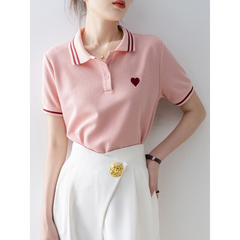 Summer New Style Polo Shirt T-Shirt for Women with Heart Embroidery, Stylish Casual Sports Slim-Fit Short-Sleeve Top Summer New Style Polo Shirt T-Shirt for Women with Heart Embroidery, Stylish Casual Sports Slim-Fit Short-Sleeve Top
