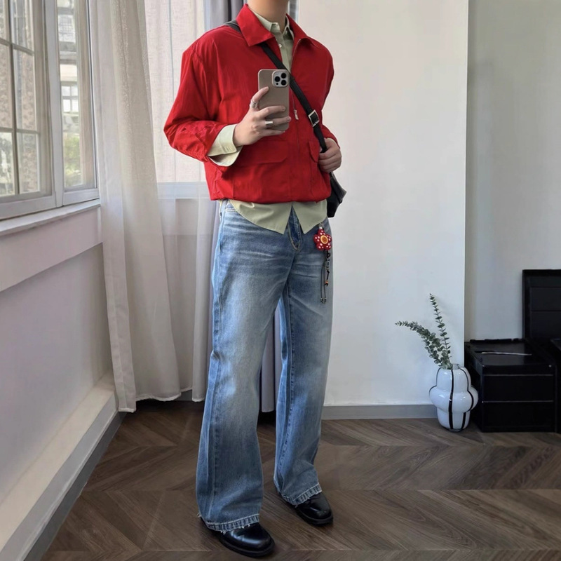 American-Style Cleanfit Light Blue Denim Straight-Leg Loose Washed Natural Whiskered Ice Blue Hand-Stitched Jeans