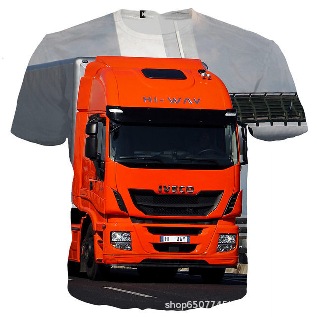 Large Truck Pattern 3D Printing European and American Cross-Border Adult and Kidsren Casual Round Neck Short-Sleeved T-Shirt Factory Direct Sales Supply