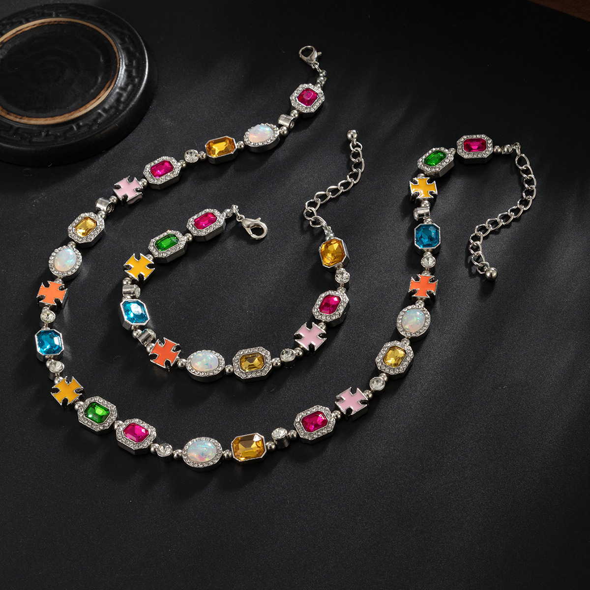 Men's Cross Necklace with Rhinestones and Enamel Finish, 07640
