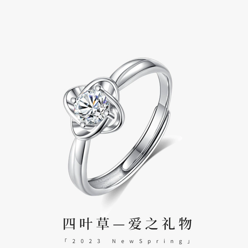 Brand adjustable ring, silver 925 sample, four-leaf clover, on index finger, light luxury style