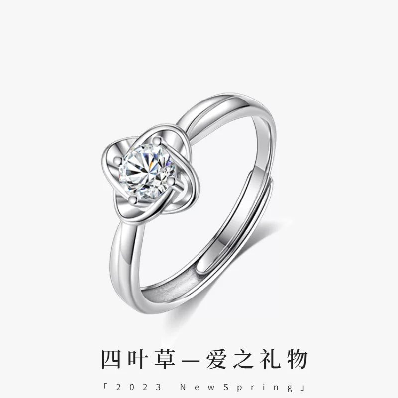 Brand adjustable ring, silver 925 sample, four-leaf clover, on index finger, light luxury style