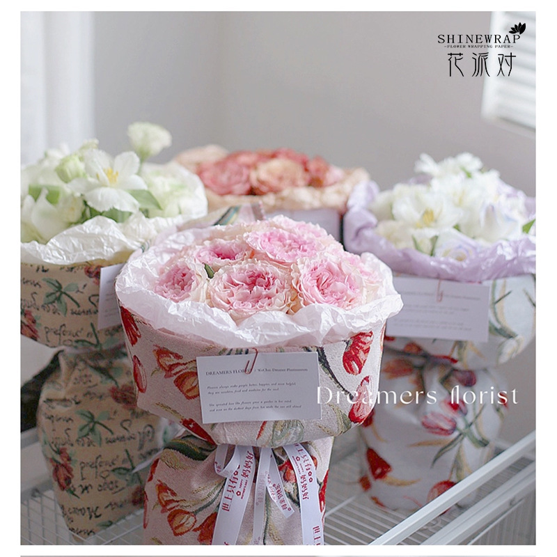 Fiesta de flores fábrica de flores al por mayor Pearl Guangzhou Sydney papel florista envasado papel de ropa zapatos bolsas de papel de embalaje regalos papel de embalaje