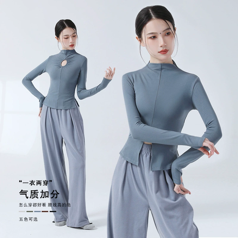 Модерн танец Узкий облегающий с длинным рукавом, с разрезом на пальцы, дизайн Sense, два костюма, маленький боди-топ с высоким воротником для танцев, Женский Повседневный