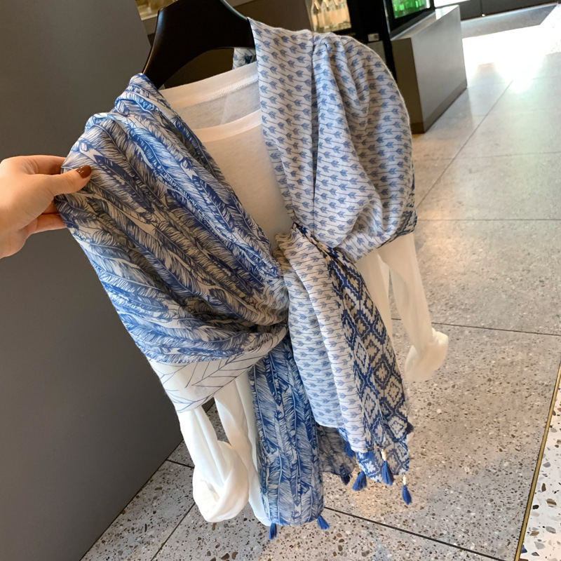 Silk Scarf Women's Summer Korean-style All-match Thin Scarf Cotton and Linen Scarf Blue Feather Tassel Beach Towel Sunscreen Shawl