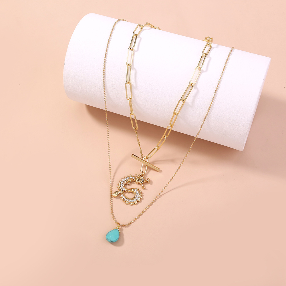 Simple retro doublelayer necklace turquoise alloy dragonshaped necklacepicture3