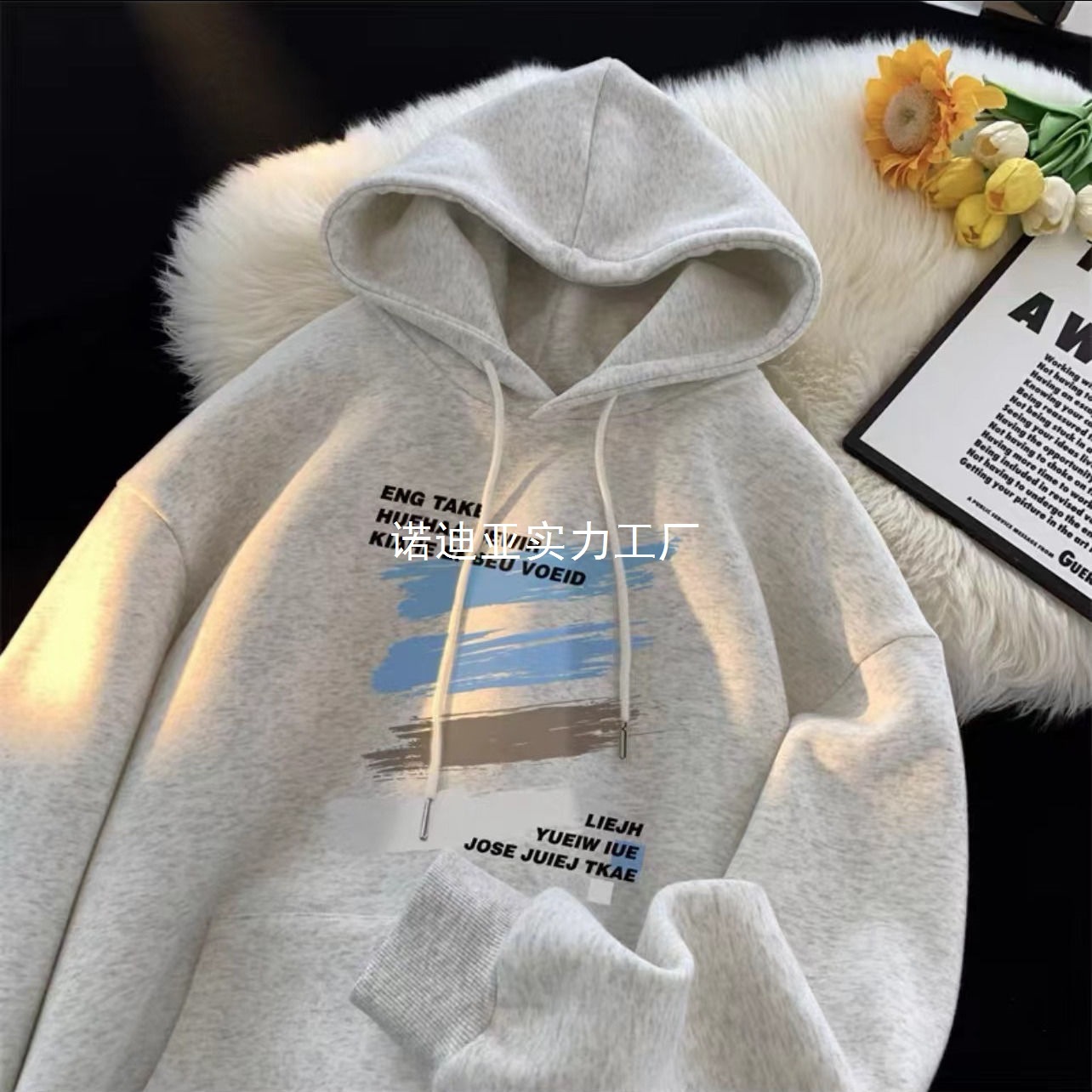 银狐绒秋冬款美式复古潮流涂鸦印花宽松连帽卫衣男女学生休闲外套