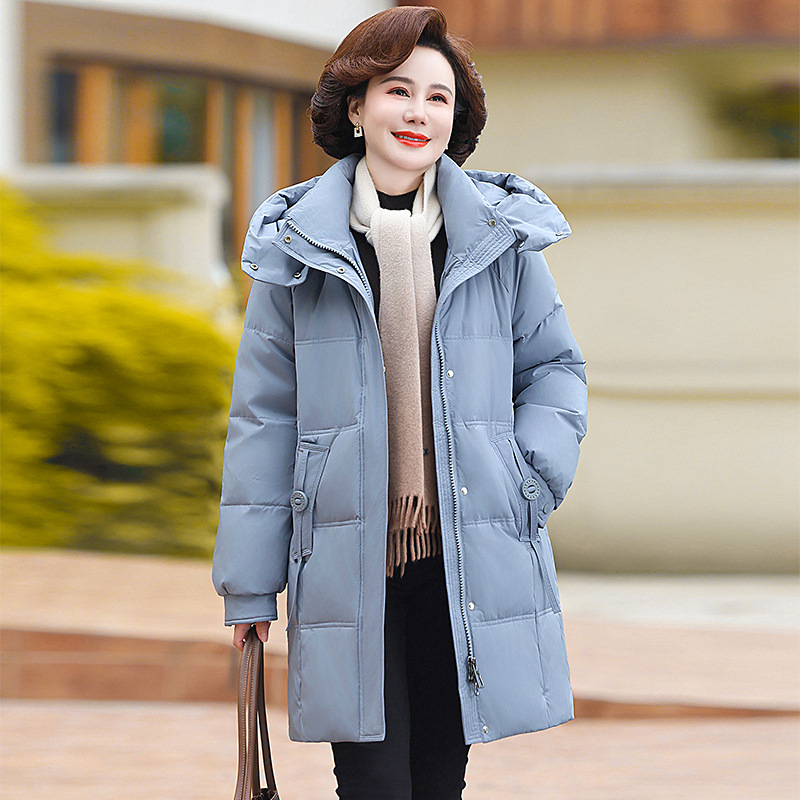 중년 여성용 겨울 방한 다운 재킷 2025년 신상품 따뜻한 흰색 오리털 여성용 중간 길이 코트