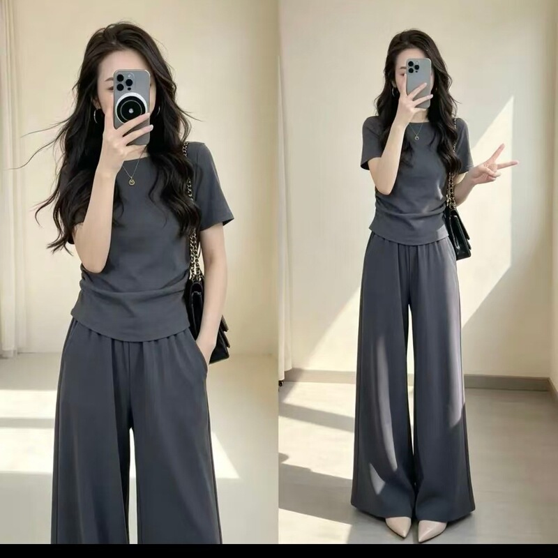 Summer Casual Fashion Sports Suit for Women 2026, Slimming and Flattering, Simple Short-Sleeve Top and Wide-Leg Pants Two-Piece Set Trendy