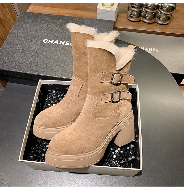 Boot nữ cổ cao lót lông cừu ấm áp, đế bệt gót nhọn, khóa thắt lưng — màu đen chi tiết 20