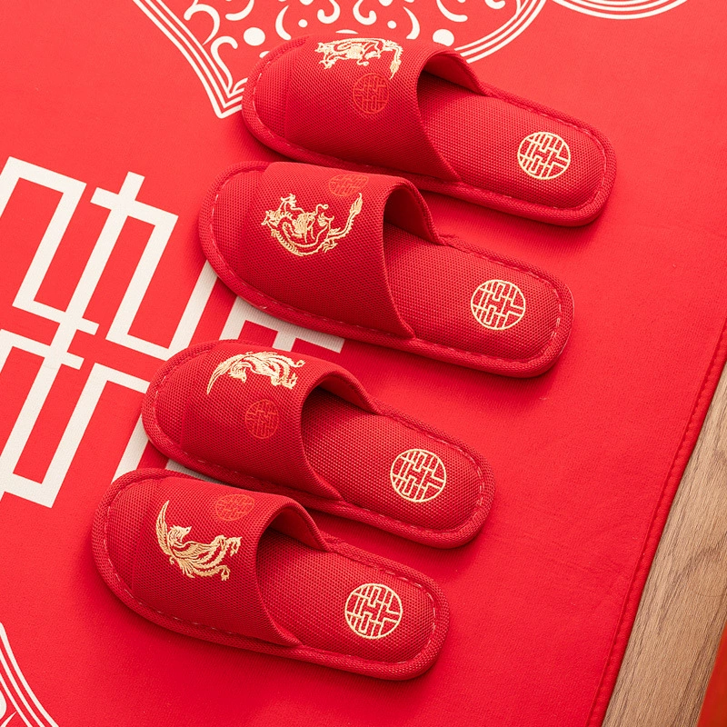 Свадебные тапочки Праздничные красные туфли Пара Дракона и Феникса Невесты Сопровождение Свадебная обувь Домашние тапочки из хлопка для пар