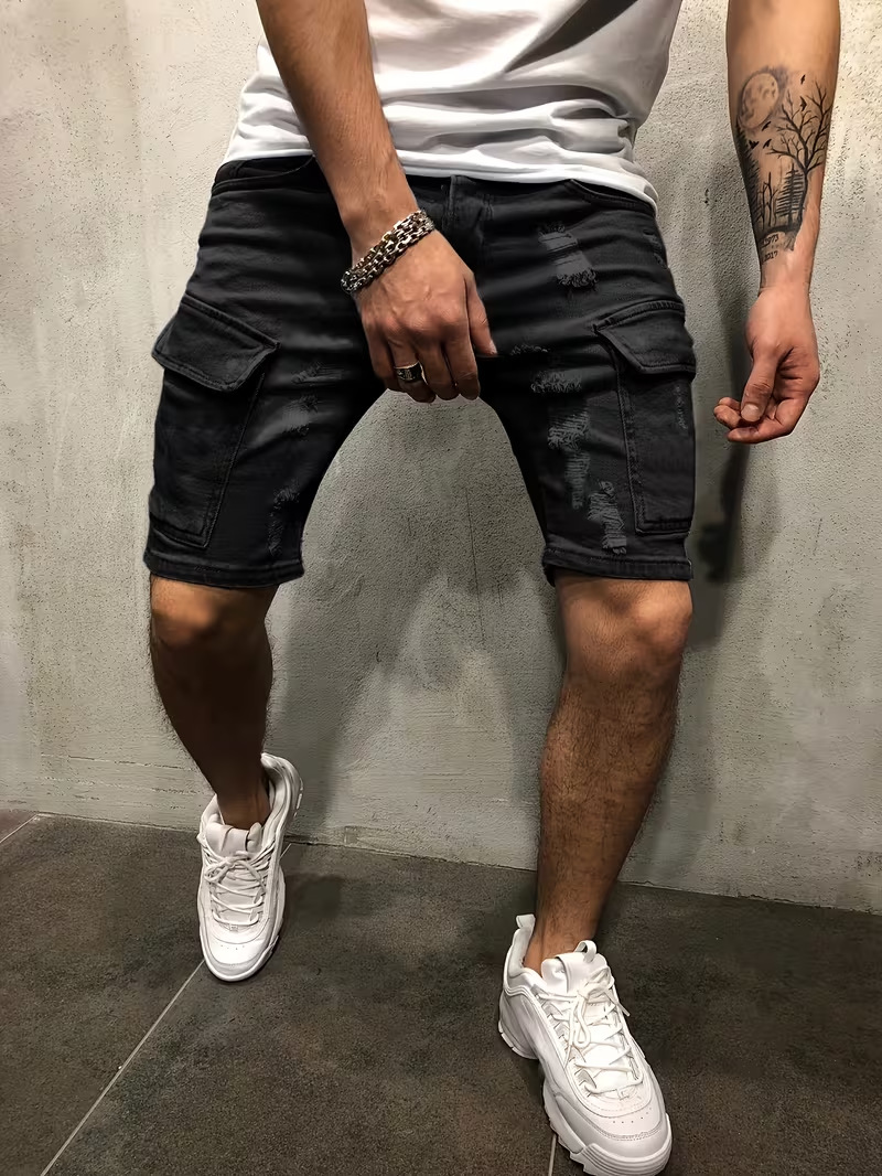 Men's Ripped Denim Shorts, Summer Stretch Cotton Cargo Shorts With Side Pockets, Slim Fit Casual Streetwear Style_viptrois.com