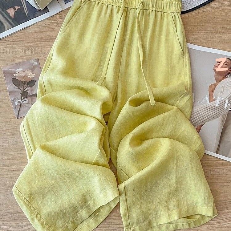 Tencel Linen Yellow Cotton and Linen Wide-Leg Pants for Women Summer Thin 2025 New High-Waist Draped Nine-Point Straight Pants