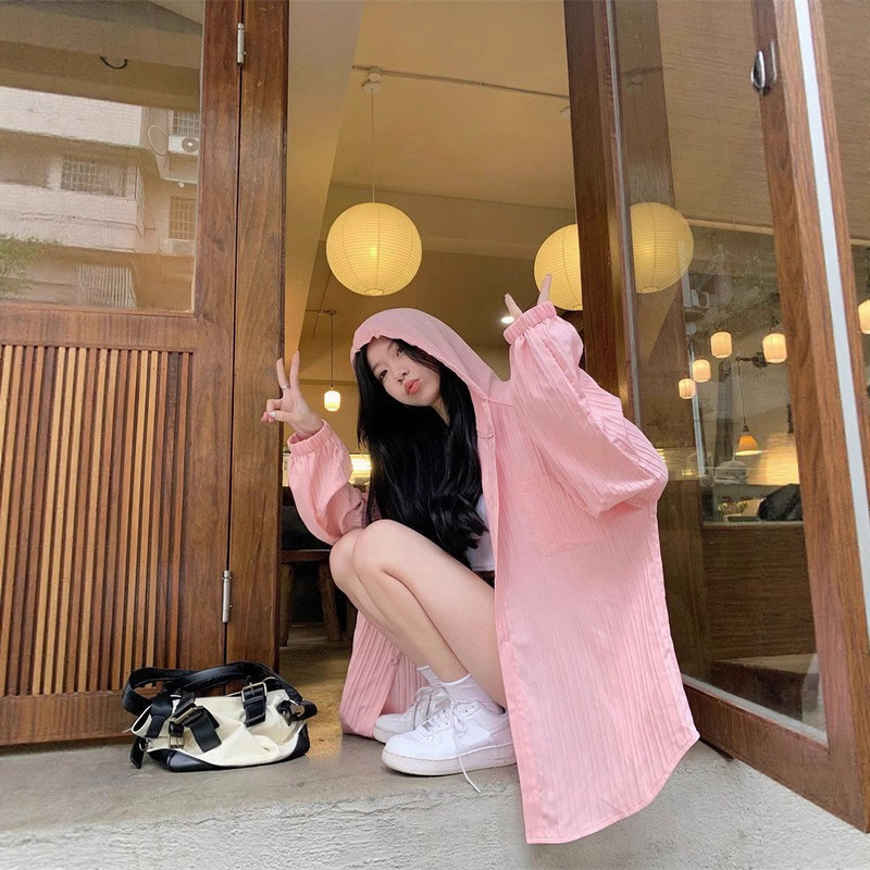 White Hooded Thin Shirt Jacket for Women Summer Large Size Fat mm Loose Slimming Look Mid-Length Cardigan Sun Protection Top