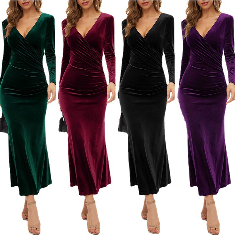 Cross-Border European and American Dress Amazon Aliexpress V-Neck Slim Elegant Velvet Long-Sleeved Fishtail Evening Dress