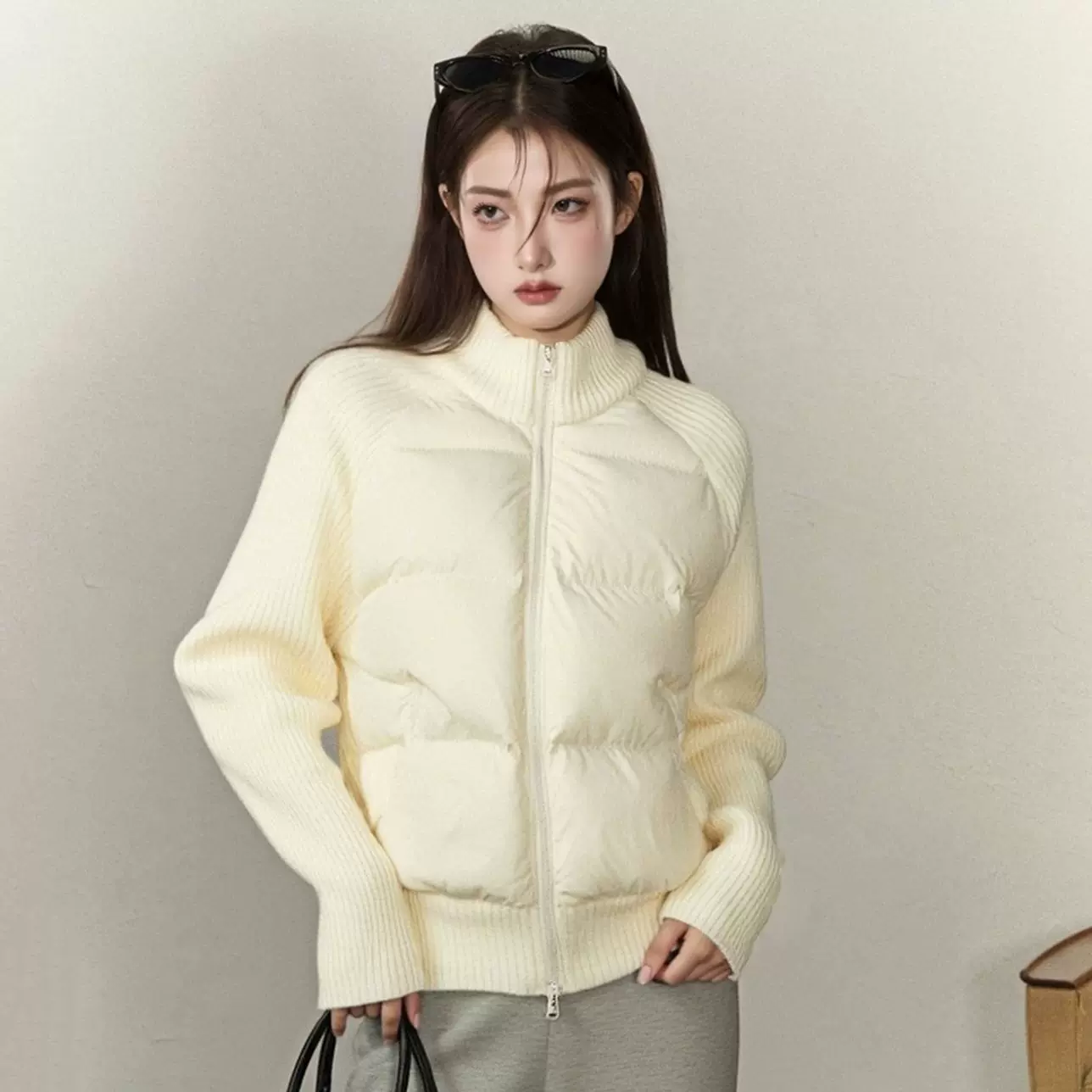 白色针织拼接羽绒棉服女款2025新款冬季加厚夹棉外套短款轻薄棉袄