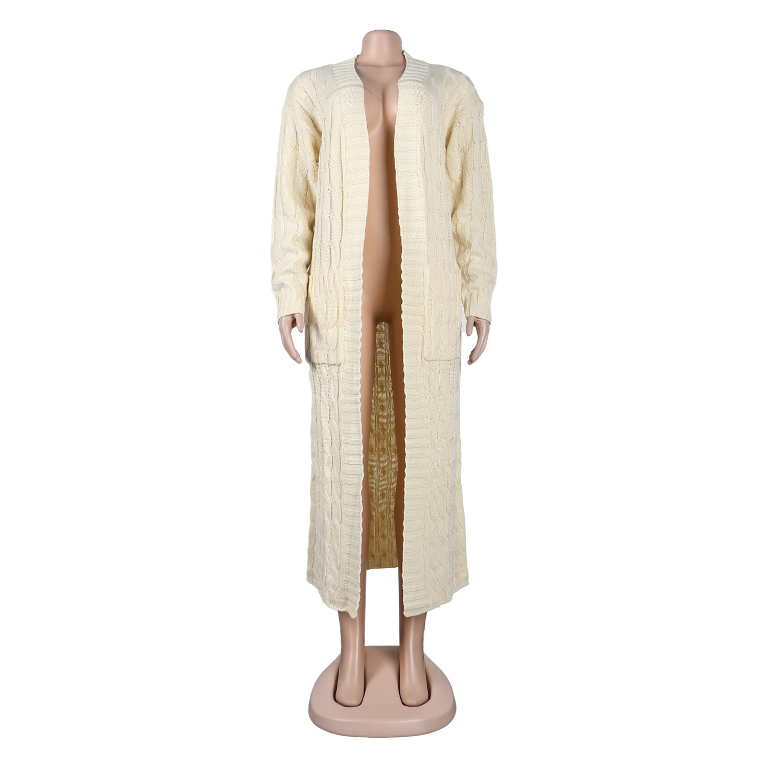 Damen Strickjacke Lang Aus Grobstrick In Unifarben Wintermantel_voghion.com