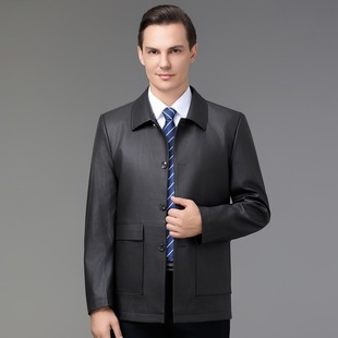 High-Quality Casual Genuine Leather Jacket Men's Coat Sheepskin Lapel Business Middle-Aged Dad Simple Leather Jacket