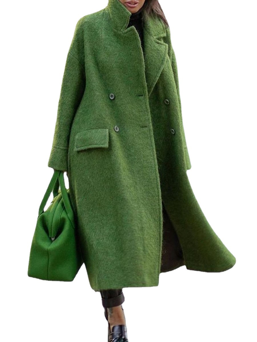 Women's long woolen coat solid color temperament commuting beltless lapel loose woolen green coat_voghion.com