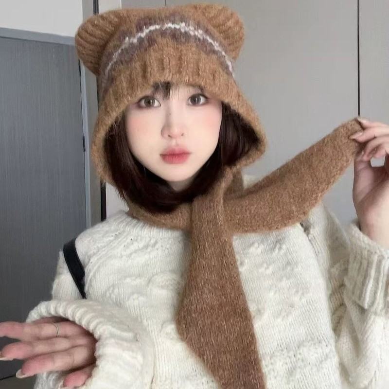 韩版可爱小羊毛绒帽子女秋冬季保暖绑带针织护耳帽百搭套头雷锋帽|undefined