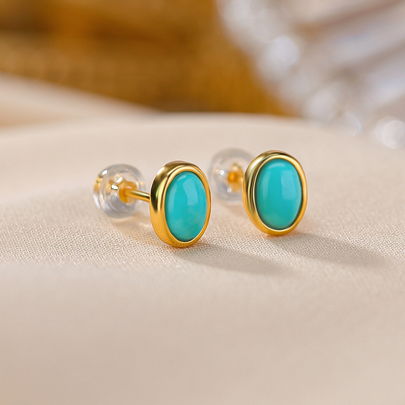Bông tai bạc S925 mạ vàng hình oval đính đá phong cách vintage — cặp