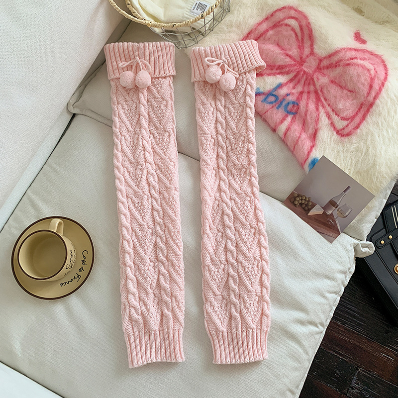 Scaldamuscoli Calzini di cotone e lana per donna, lavorati a maglia, caldi e spessi, leggings con palline di pelo carine, stile giapponese, lunghi sopra il ginocchio_voghion.com